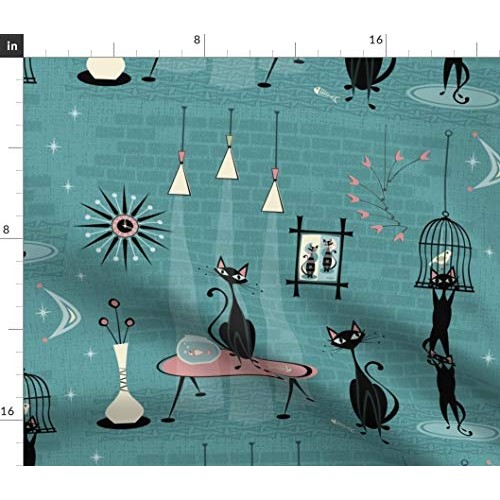 Spoonflower Fabric - Mid Century Kitty Cat Retro Fifties 1950s Bir...