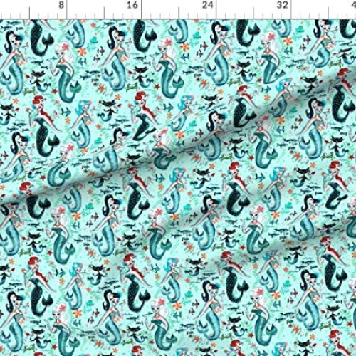 Spoonflower Fabric - Midcentury Mod, Mermaids, Martini, Retro, Coc...