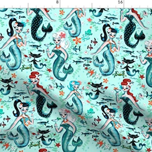 Spoonflower Fabric - Midcentury Mod, Mermaids, Martini, Retro, Coc...