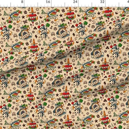 Spoonflower Fabric - Old Tattoos Tattoo School Heart Retro Rockabi...