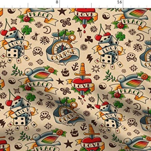 Spoonflower Fabric - Old Tattoos Tattoo School Heart Retro Rockabi...