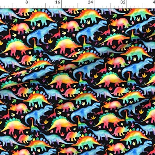 Spoonflower Fabric - Rainbow Dinosaurs Black Scale Watercolour Wat...