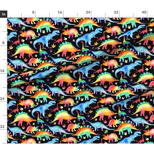 Spoonflower Fabric - Rainbow Dinosaurs Black Scale Watercolour Wat...
