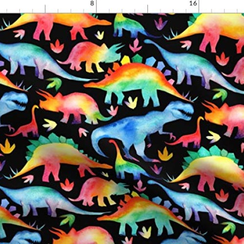 Spoonflower Fabric - Rainbow Dinosaurs Black Scale Watercolour Wat...