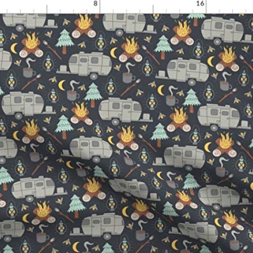 Spoonflower Fabric - Retro Camping Camper Campfire Fireflies Coffe...