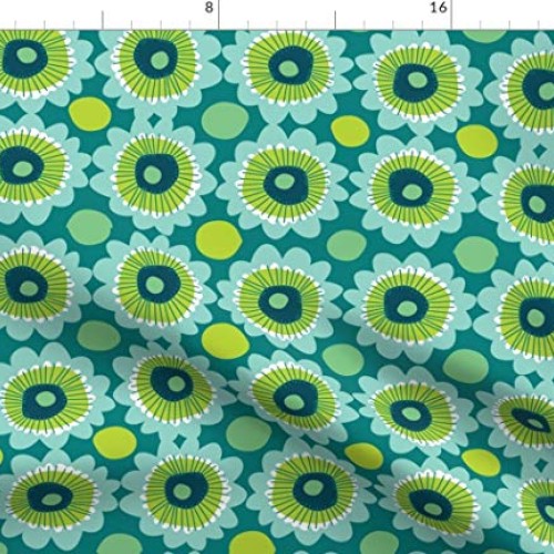 Spoonflower Fabric - Retro Teal Flowers Cute Floral Vibrant 1970s ...