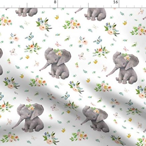 Spoonflower Fabric - Spring Time Baby Elephant Girl Boho Nursery F...