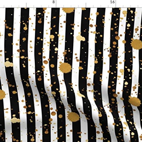 Spoonflower Fabric - Stripes & Splatter Gold Black White Striped P...