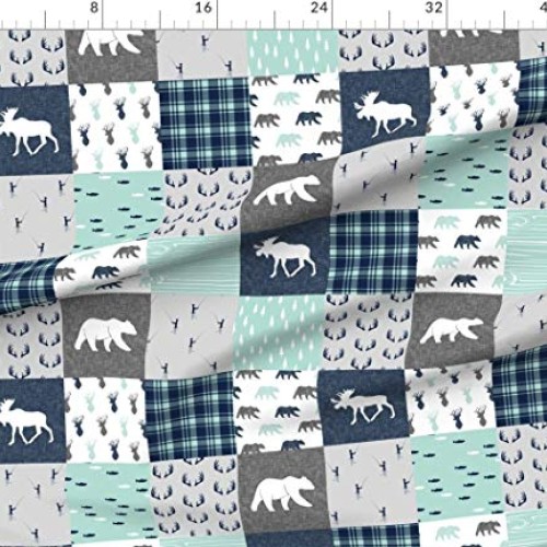 Spoonflower Fabric - Woodland Moose Bear Fishing Patchwork Grey Ou...