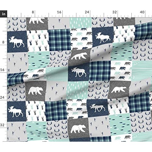 Spoonflower Fabric - Woodland Moose Bear Fishing Patchwork Grey Ou...