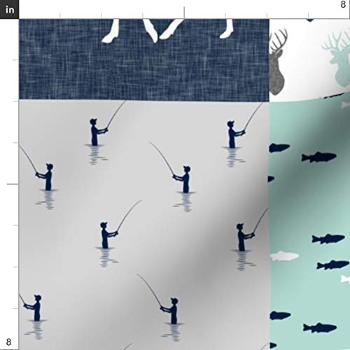 Spoonflower Fabric - Woodland Moose Bear Fishing Patchwork Grey Ou...
