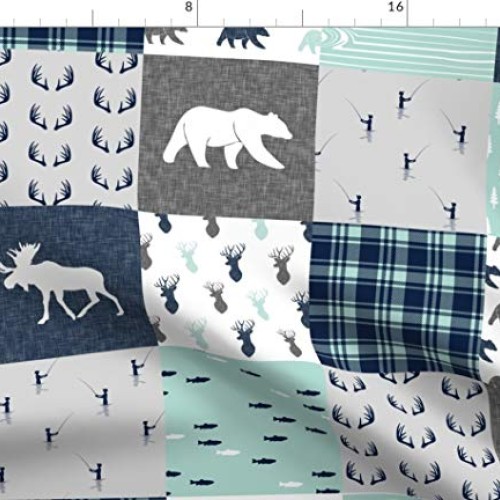 Spoonflower Fabric - Woodland Moose Bear Fishing Patchwork Grey Ou...