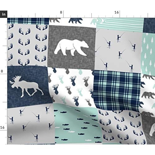 Spoonflower Fabric - Woodland Moose Bear Fishing Patchwork Grey Ou...