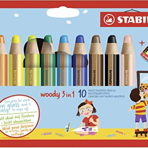 STABILO Woody 3-in-1 Colored Pencils, 10 mm Lead - 10-Color Set
