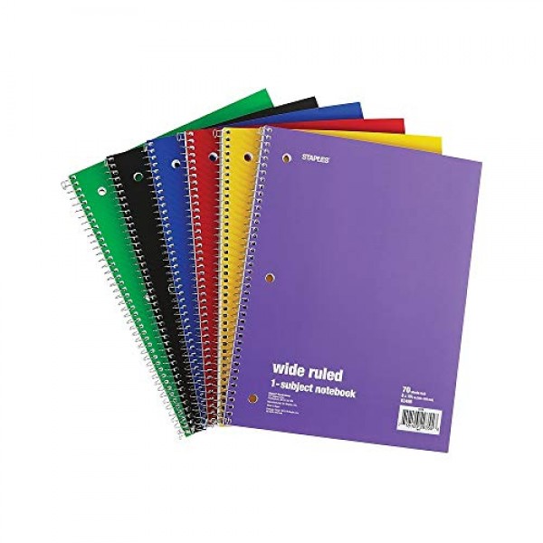 Staples Spiral Notebook 1-subject, 70-count, Wide Ruled, Assorted ...