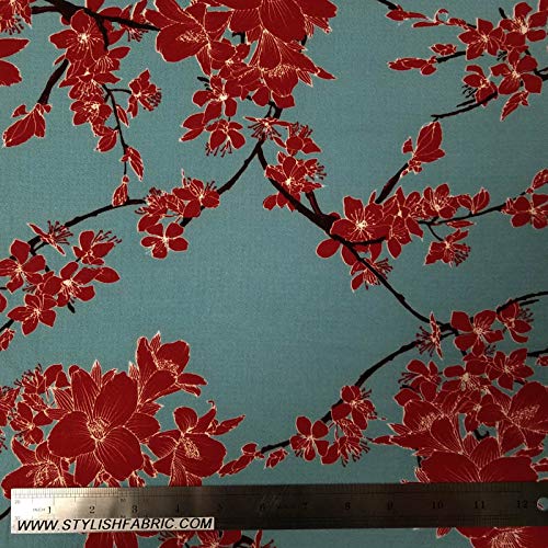 Dusty Aqua with Ivory Floral Design Print on Crepe Chiffon Fabric