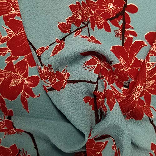 Dusty Aqua with Ivory Floral Design Print on Crepe Chiffon Fabric
