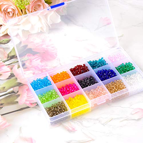 Suhome 3000pcs 15 Color 4mm Briolette Crystal Glass Beads, Faceted...