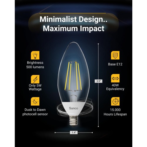 Sunco 6 Pack B11 Candelabra LED Light Bulbs, E12, Dusk to Dawn, 5W=40W