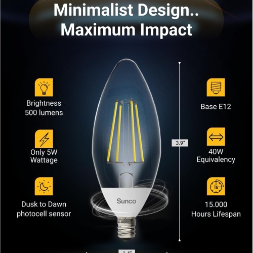 Sunco 6 Pack B11 Candelabra LED Light Bulbs, E12, Dusk to Dawn, 5W=40W