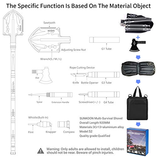 Sunkoon Survival Shovel Survival Axe, Camping Folding Shovels Hatc...