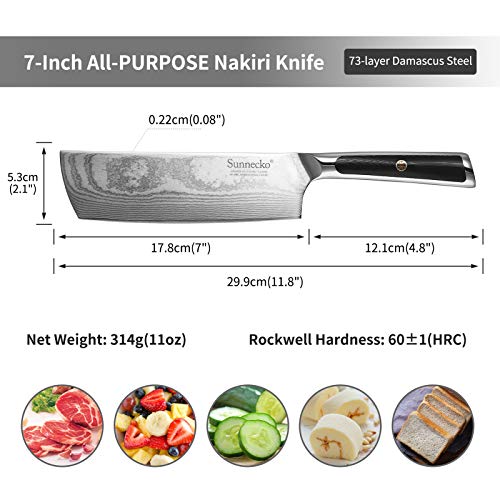 Sunnecko Nakiri & Cleaver Knife, 7 Inch Chef Knife Damascus Kitche...