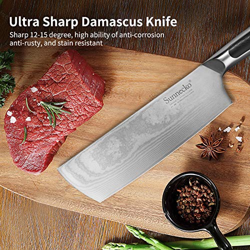 Sunnecko Nakiri & Cleaver Knife, 7 Inch Chef Knife Damascus Kitche...
