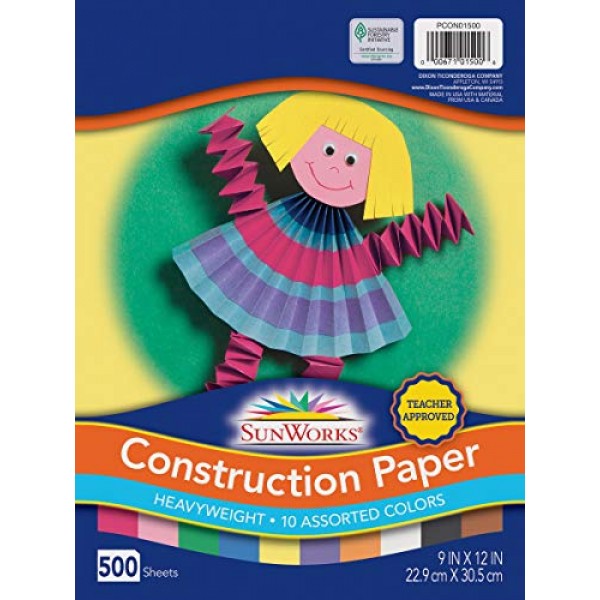 SunWorks Construction Paper, 10 Assorted Colors, 9 x 12, 500 She...