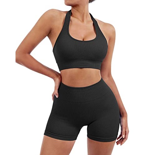 SUUKSESS Women Two Piece Seamless Ribbed Workout Sets Outfits Back...