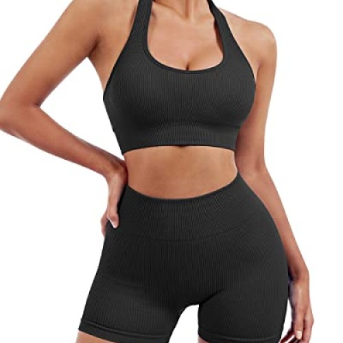 SUUKSESS Women Two Piece Seamless Ribbed Workout Sets Outfits Back...