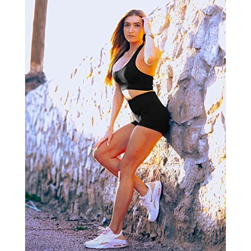 SUUKSESS Women Two Piece Seamless Ribbed Workout Sets Outfits Back...