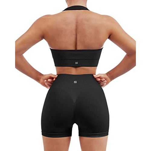 SUUKSESS Women Two Piece Seamless Ribbed Workout Sets Outfits Back...