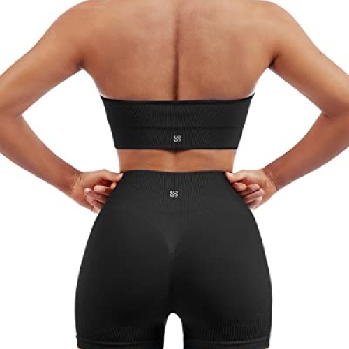 SUUKSESS Women Two Piece Seamless Ribbed Workout Sets Outfits Back...