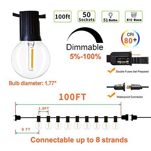 Svater Outdoor String Lights,100ft with 50 Dimmable Waterproof G40...