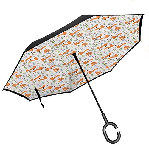 sweetble Fox Inverted Umbrella Hand Drawn Cartoon Foxes Dancing an...