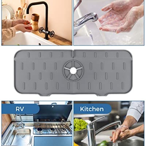 Kitchen Sink Splash Guard - Silicone Faucet Handle Drip Catcher Tr...