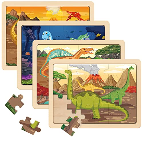 SYNARRY Wooden Dinosaur Puzzles for Kids Ages 3-5, 4 Packs 24 PCs ...