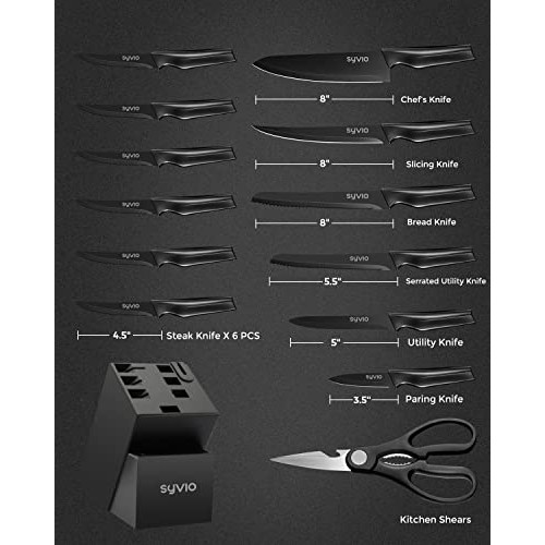 syvio Knife Sets for Kitchen with Block, 14 Piece with Built-in Sh...