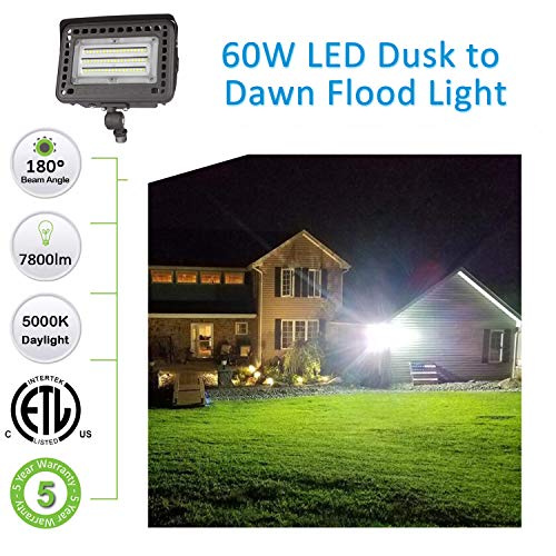 SZGMJIA 60W LED Flood Light with Knuckle, Dusk to Dawn Photocell, ...