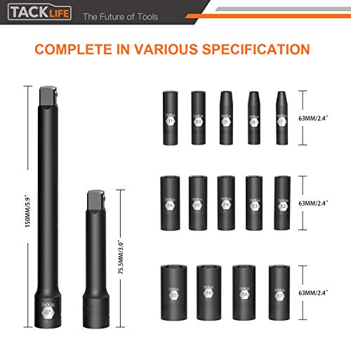TACKLIFE 16pcs 3/8-Inch Drive Deep Impact Socket Set, Metric, 7-22...