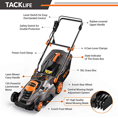 TACKLIFE Corded Electric Lawn Mower 13 Amp, 16 Inch Lawn Mower, 5 ...