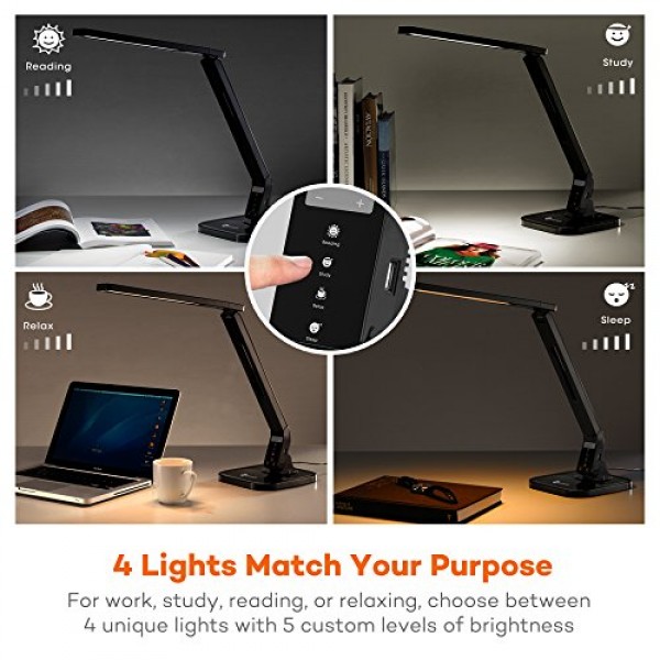 TaoTronics LED Desk Lamp with USB Charging Port, 4 Lighting Modes ...