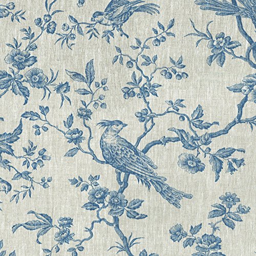 Textiles français The Regal Birds Fabric - Denim Blue on a Natural...