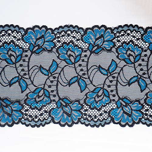 Black and Blue Floral Stretchy Lace Elastic Trim Wide Fabric 5 Yard