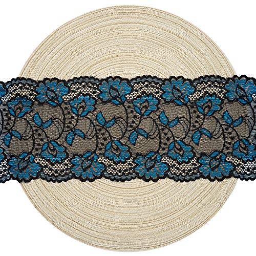Black and Blue Floral Stretchy Lace Elastic Trim Wide Fabric 5 Yard