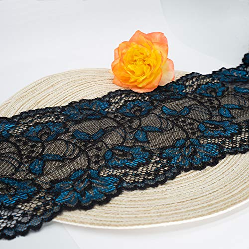 Black and Blue Floral Stretchy Lace Elastic Trim Wide Fabric 5 Yard