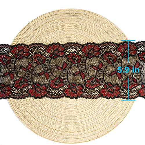 Red and Black Floral Stretchy Lace Elastic Trim Fabric 5 Yard