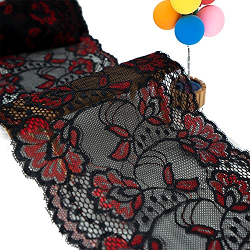 Red and Black Floral Stretchy Lace Elastic Trim Fabric 5 Yard