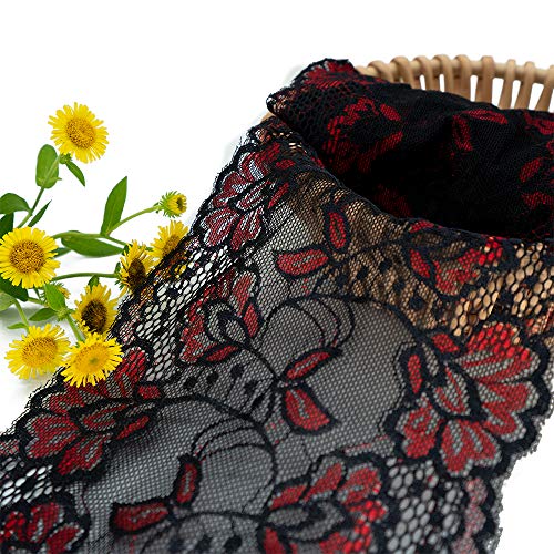 Red and Black Floral Stretchy Lace Elastic Trim Fabric 5 Yard