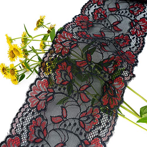 Red and Black Floral Stretchy Lace Elastic Trim Fabric 5 Yard